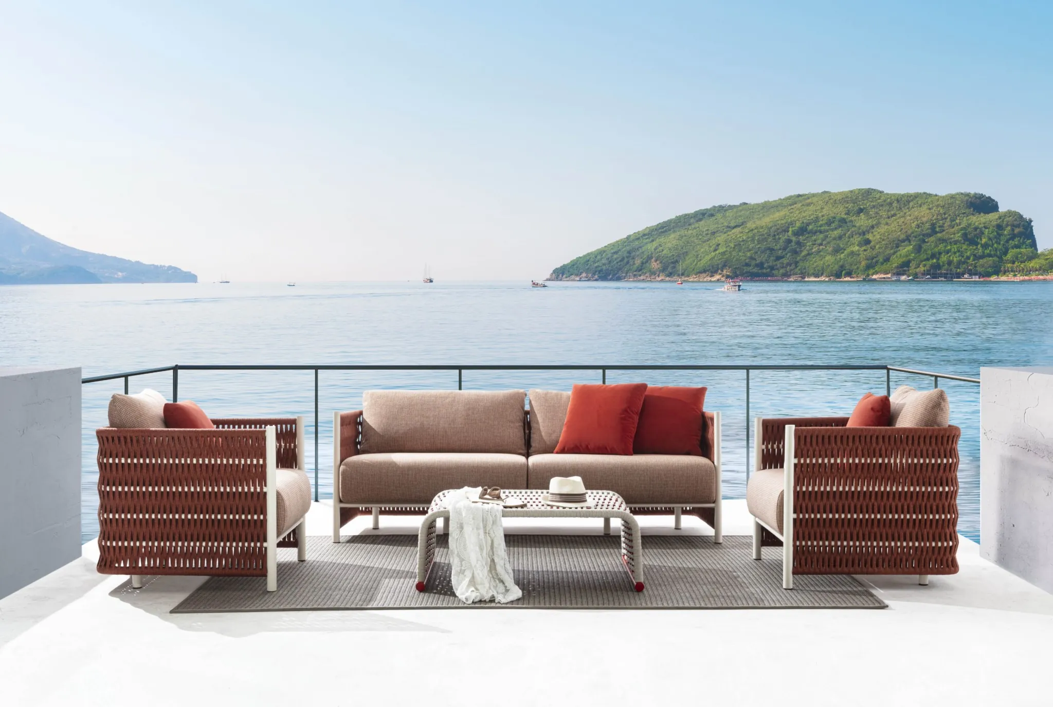 Meroni & Colzani Marettimo, sofa, armchair, photographed outdoors